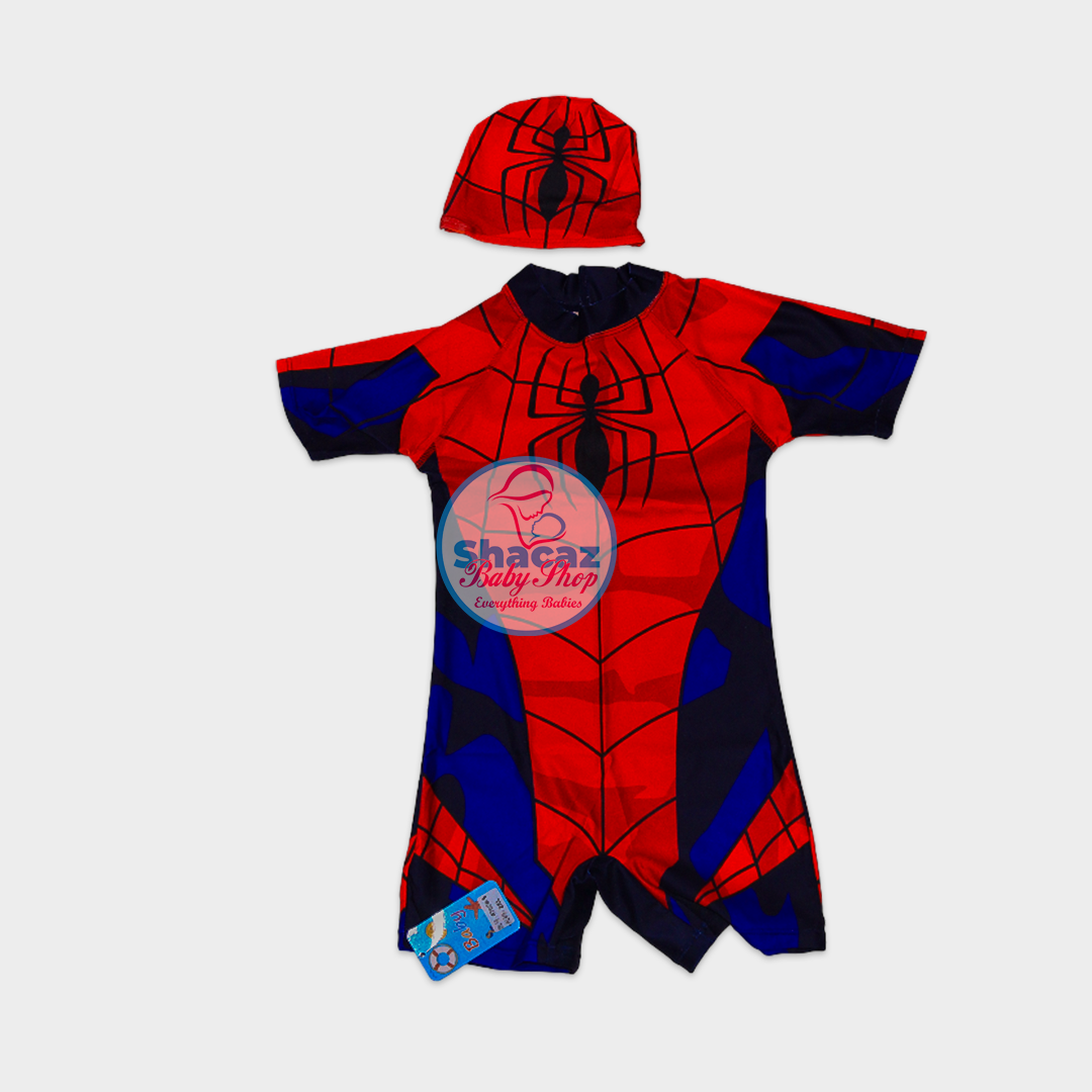 Marvel Spider-Man Boys All-in-One Swimsuit with Matching Swim Cap