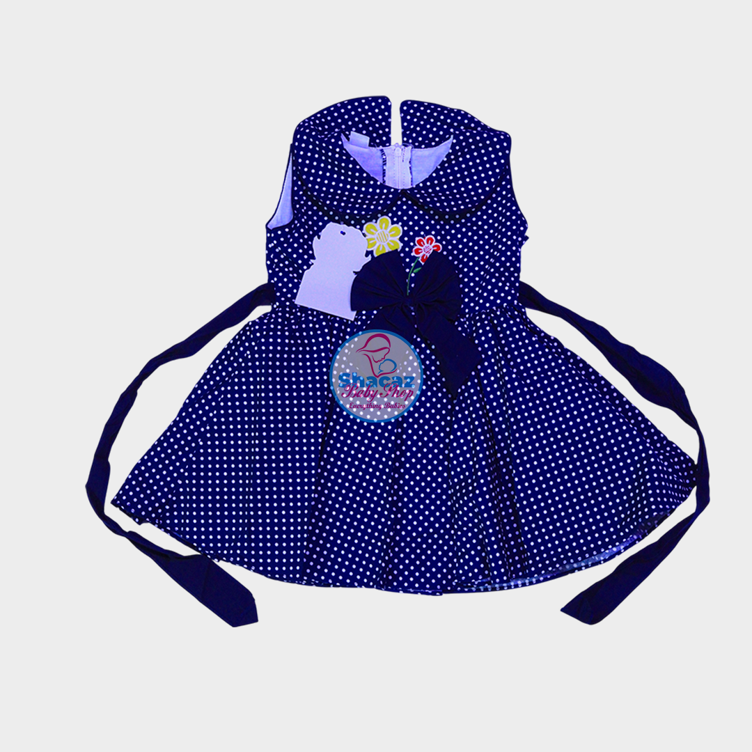 Navy Blue Polka Dot Sleeveless Baby Frock with Bow Accent