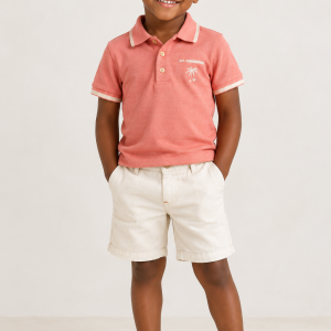 Boys’ Coral Pink Polo Shirt & Cream Shorts Set (Ages 4–5 Years)