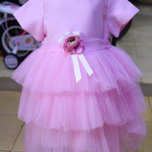 Pink Princess Layered Tulle Dress with Flower Belt – Baby Girls