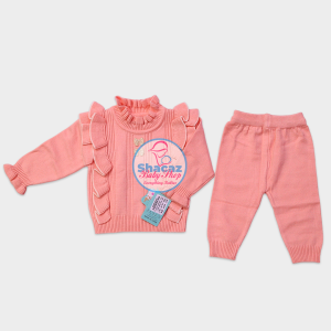 Baby Girls' Ruffled Knitted Heavy Sweater and Trouser 2-Piece Set.