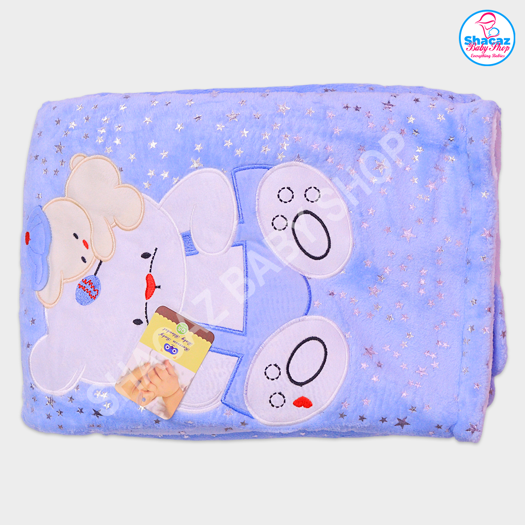 Double-Layered Baby Shawl with Teddy Bear Applique & Silver Star Pattern - Image 5